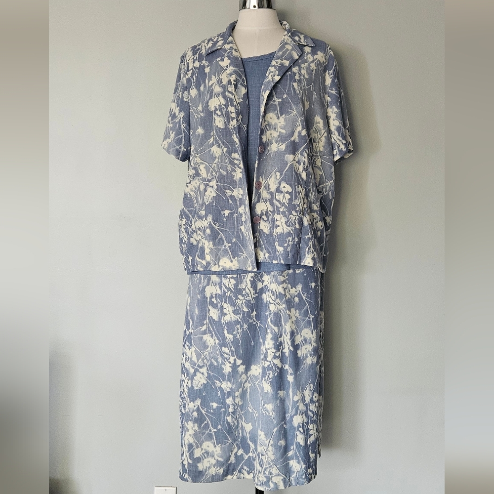 Vintage 3-Piece Blue Floral Skirt, Tank & Jacket Set –Plus Size 3X